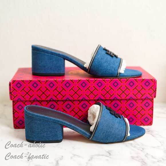 NIB Tory Burch Everly Block Heel Slide Sandals in Denim - Picture 3 of 9